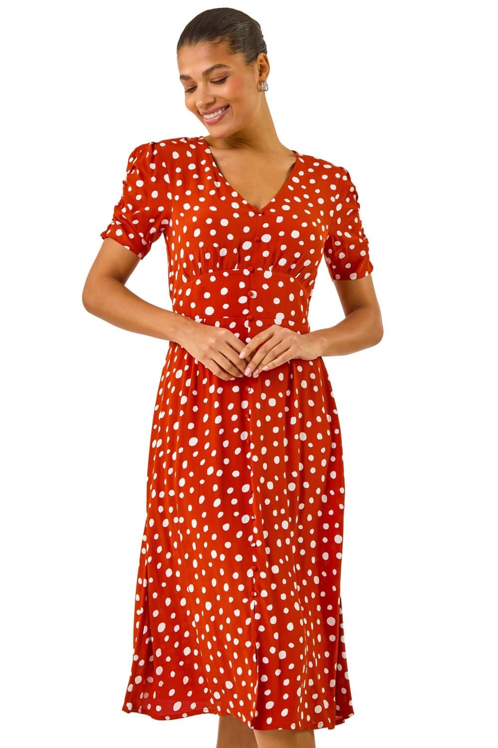 Roman Originals Swing Tea Dress Women UK Ladies Skater Midi A Line Fit & Flare Summer Casual Smart Cocktail Party Going Out Work Cruise Button Through Long Pocket - Polka Dark Orange - Size 18