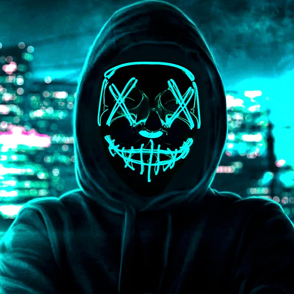 HATFRYF Halloween Skull Mask, Scary LED Halloween Mask, Halloween Face Masks for Men Women Kids, Light up Cosplay, Glowing Horror Smile, Anonymous Neon Gifts — image 1