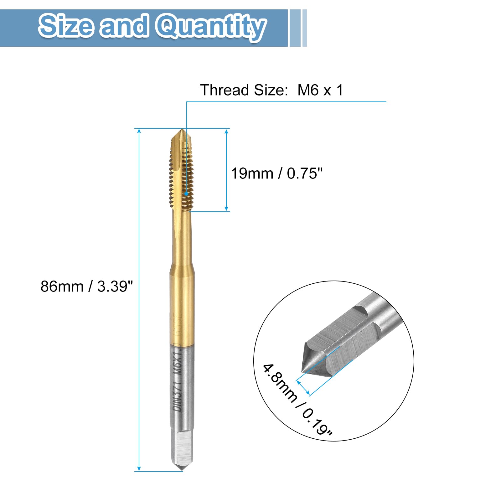 uxcell Spiral Point Plug Threading Tap M6 x 1 Thread, Ground Threads H2, M35 High Speed Steel Cobalt, Titanium Nitride Coating, Metric Screw Taps Tapping Bit for Thread