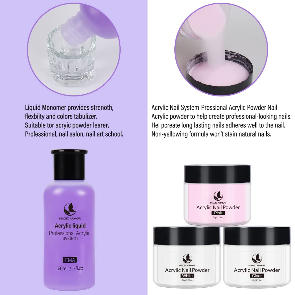 MAGIC ARMOR Set Polvere e 60ML Liquido Acrilico Per Unghie，3 Colori （Polvere Trasparente, Rosa, Bianco) 20g，Adatto a Principianti ed Esperti di Unghie Set Polvere e Liquidi Acrilici