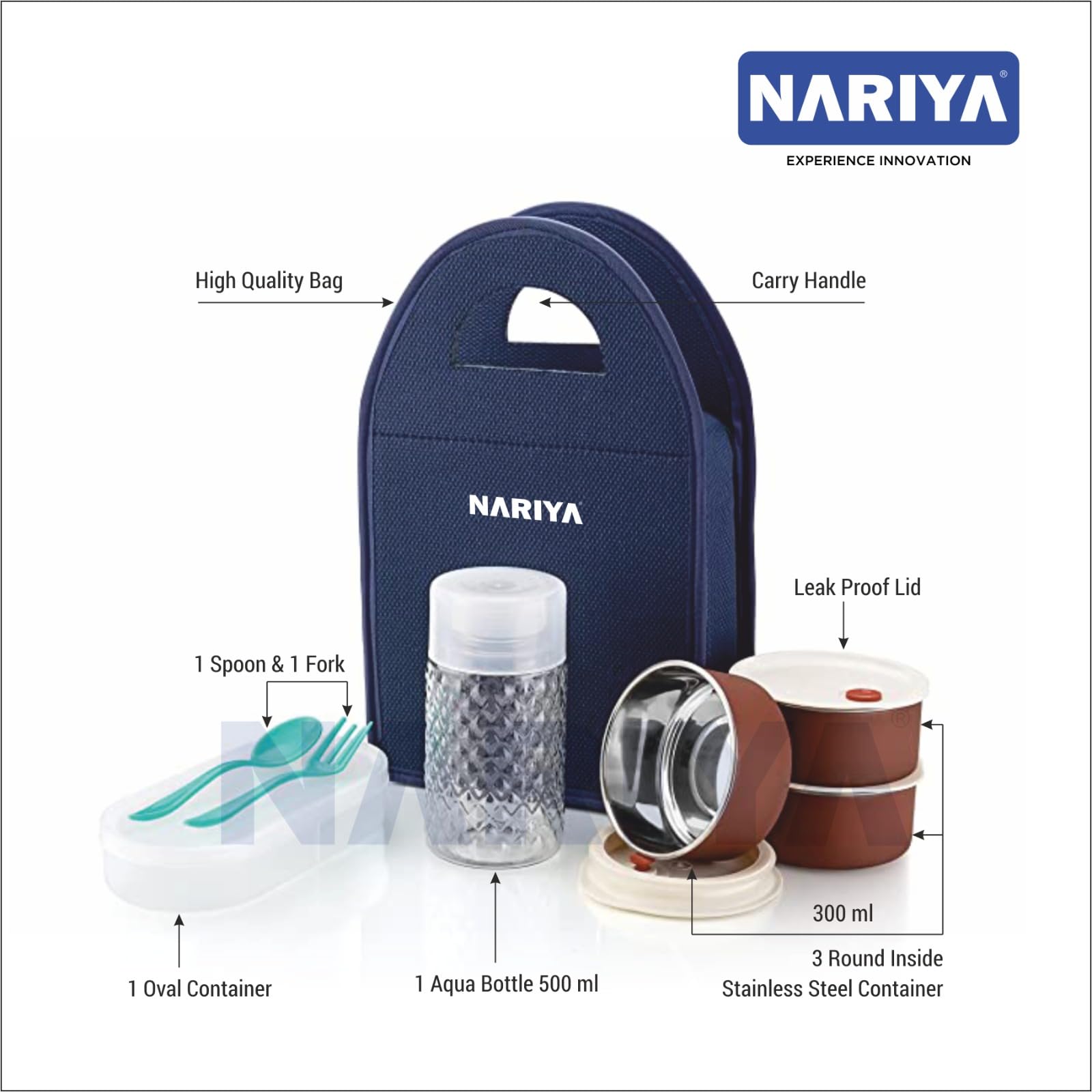 NARIYA Lonchera de acero inoxidable con cazuela, 3 recipientes de acero inoxidable para oficina, caja Tiffin con botella de plástico y cuchara para la universidad, escuela y oficina (1750 ml, azul)