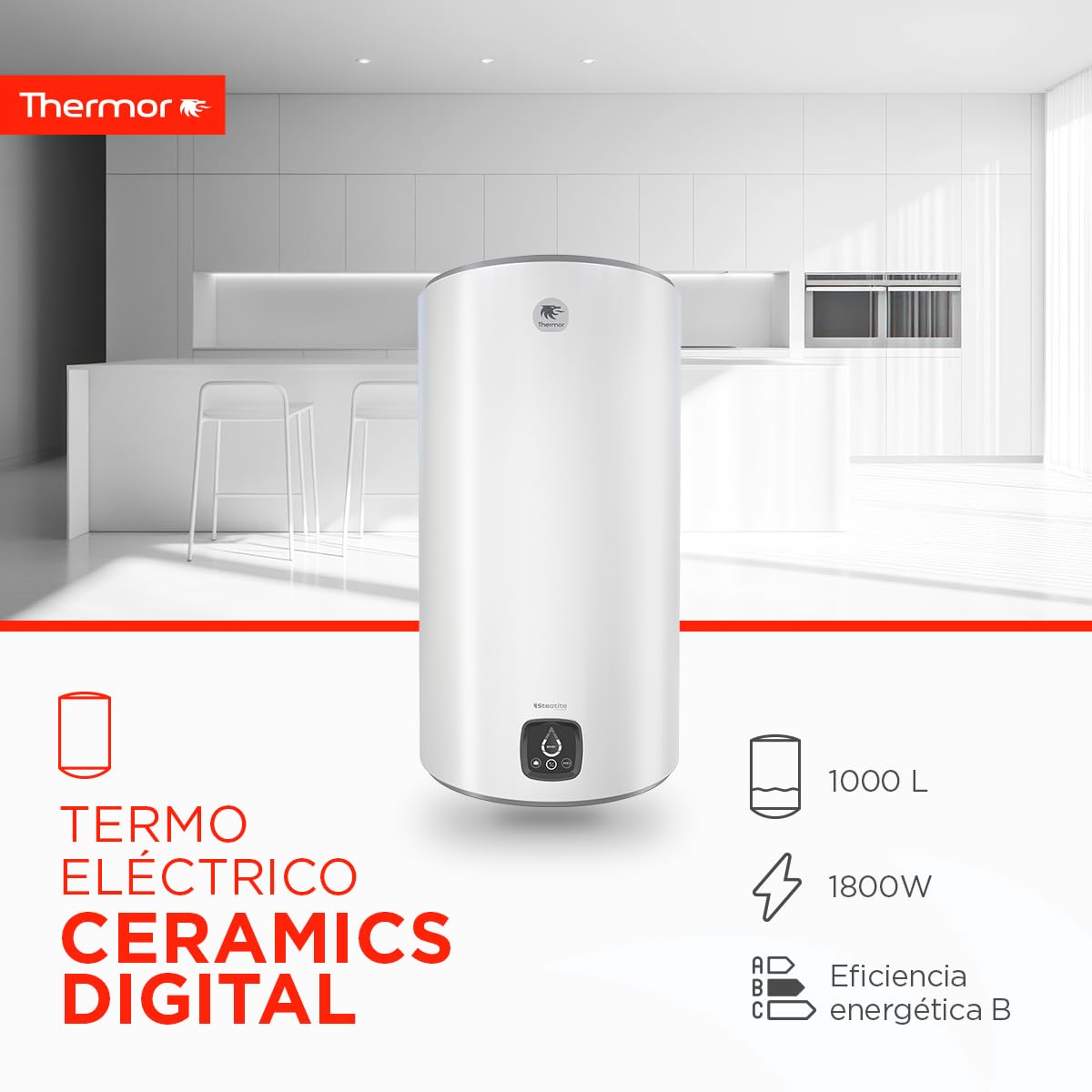 Thermor Chauffe-eau électrique céramique numérique 100 l, 1800 W, céramique anticalcaire, installation facile, classe d'efficacité énergétique B