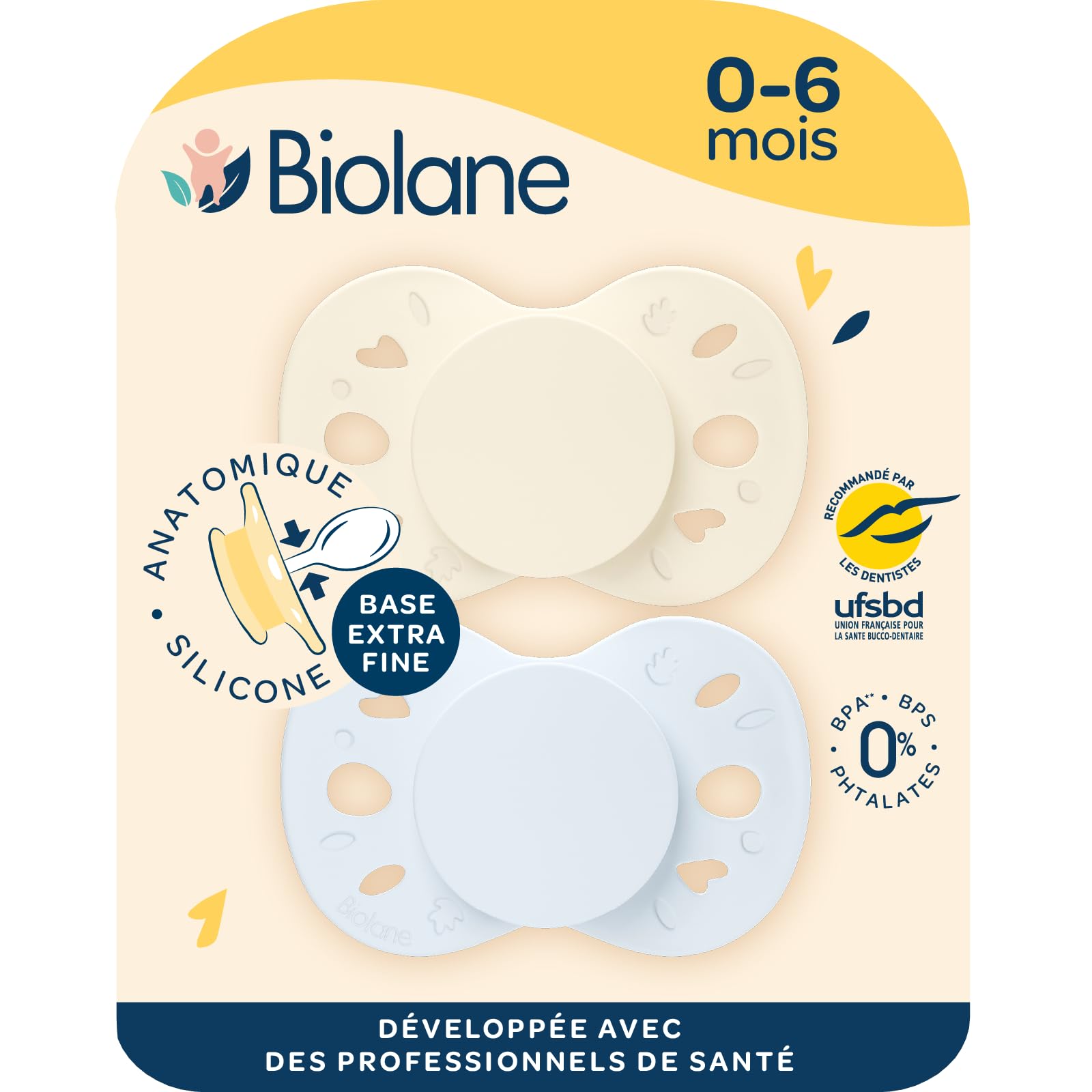 BIOLANE - Anatomical teats - Extra-fine Pacifiers - 0 to 6 Months - Blue and Beige - Flat and Reversible Teat - Optimal Comfort - Respect for Oral Development - Renewable Materials