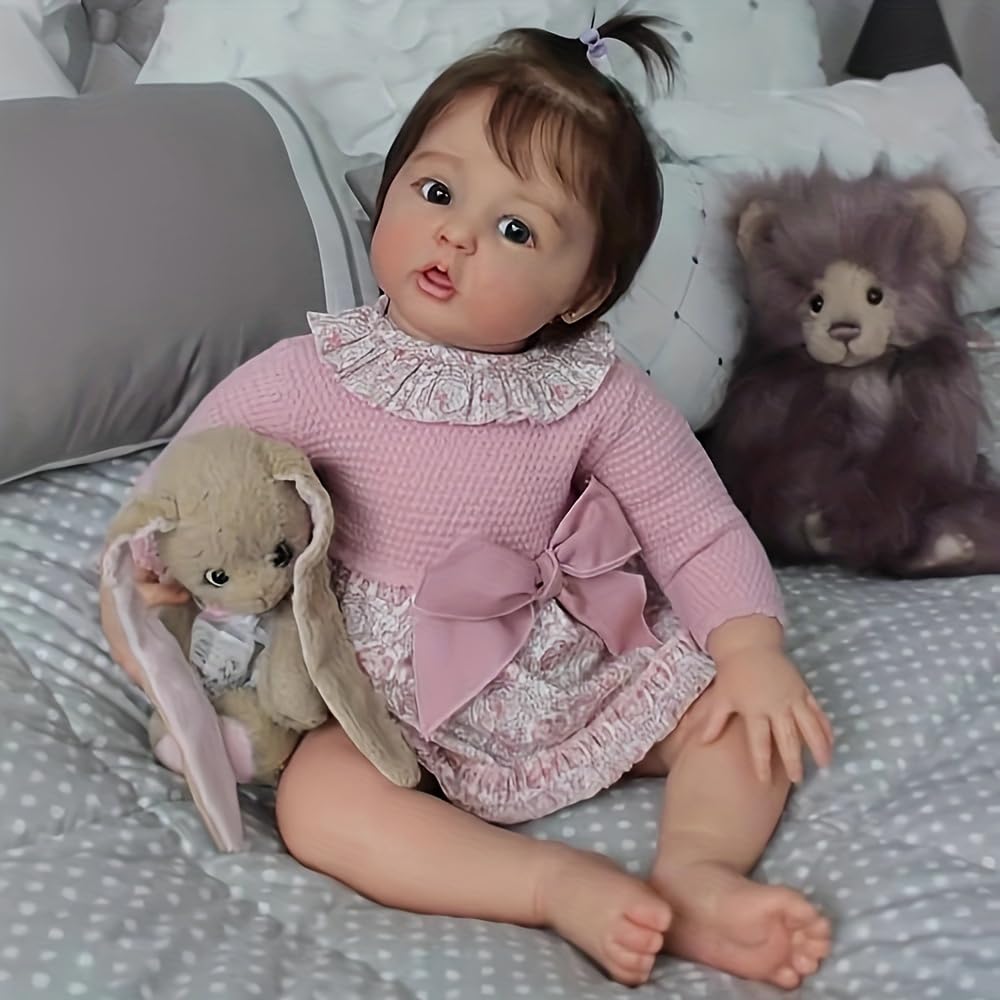 Reborn Baby Mädchen 22 Zoll 55cm, Lebensecht Reborn Baby Vollsilikon Rosa Kleid Mit Spitzenkragen, Weiche Stoffpuppe Mit PlüSchtier, Sammler- Und Spielpuppe Reborn Babypuppe Mit Zubehör