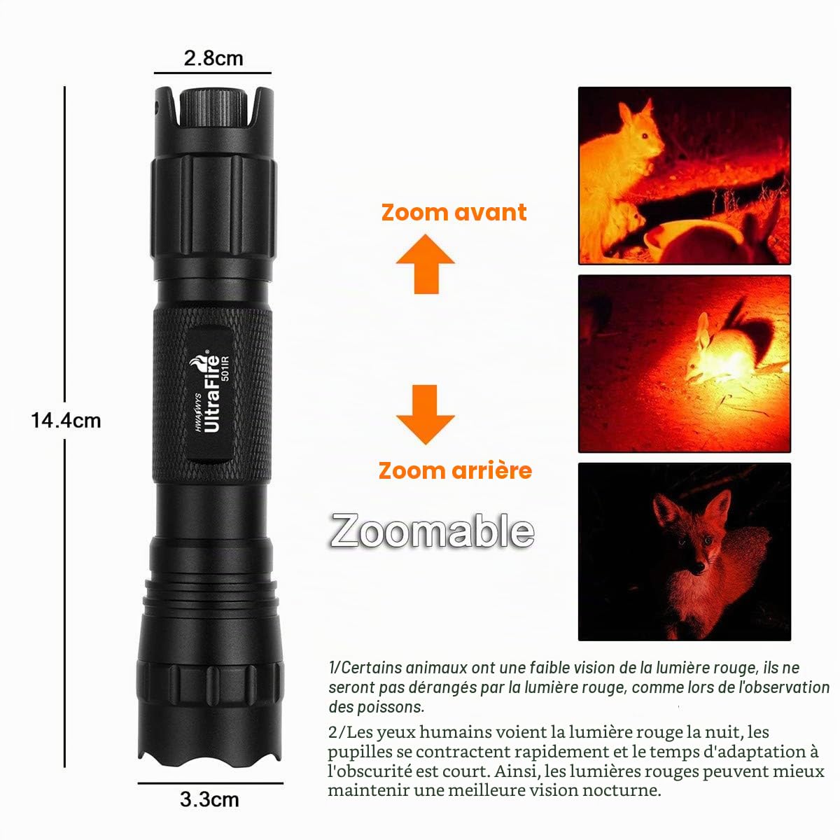 Ultrafire Lampe Torche LED Lumière Rouge 620-630nm Lampe Torche de Chasse Rouge, Lumière de Chasse Rouge Zoomable à Gradation Continue pour Vision Nocturne, Observations Astronomiques