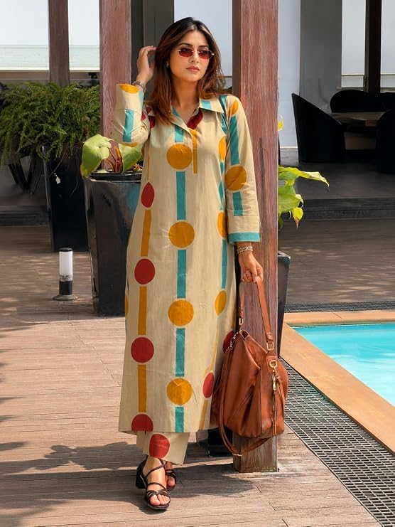 Image of ANNI Designer Cotton Blend Printed Straight Kurta with Pant for Women | Cotton Blend Beige | Full Sleeve | Shirt Collar | Ethnic Wear Casual Wear