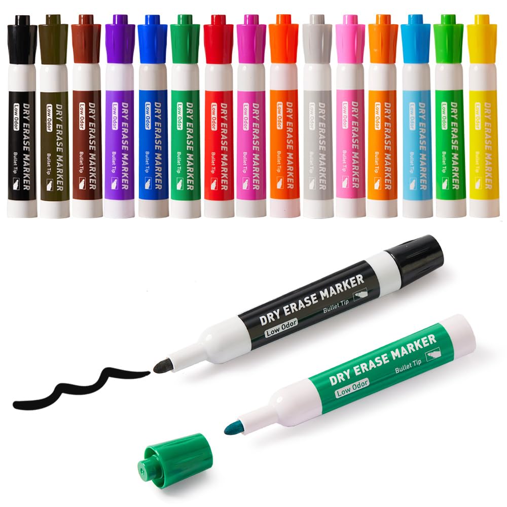 15PCS Whiteboard Pens 15 Colours Dry Wipe Erase Markers 2.7mm Bullet Tip