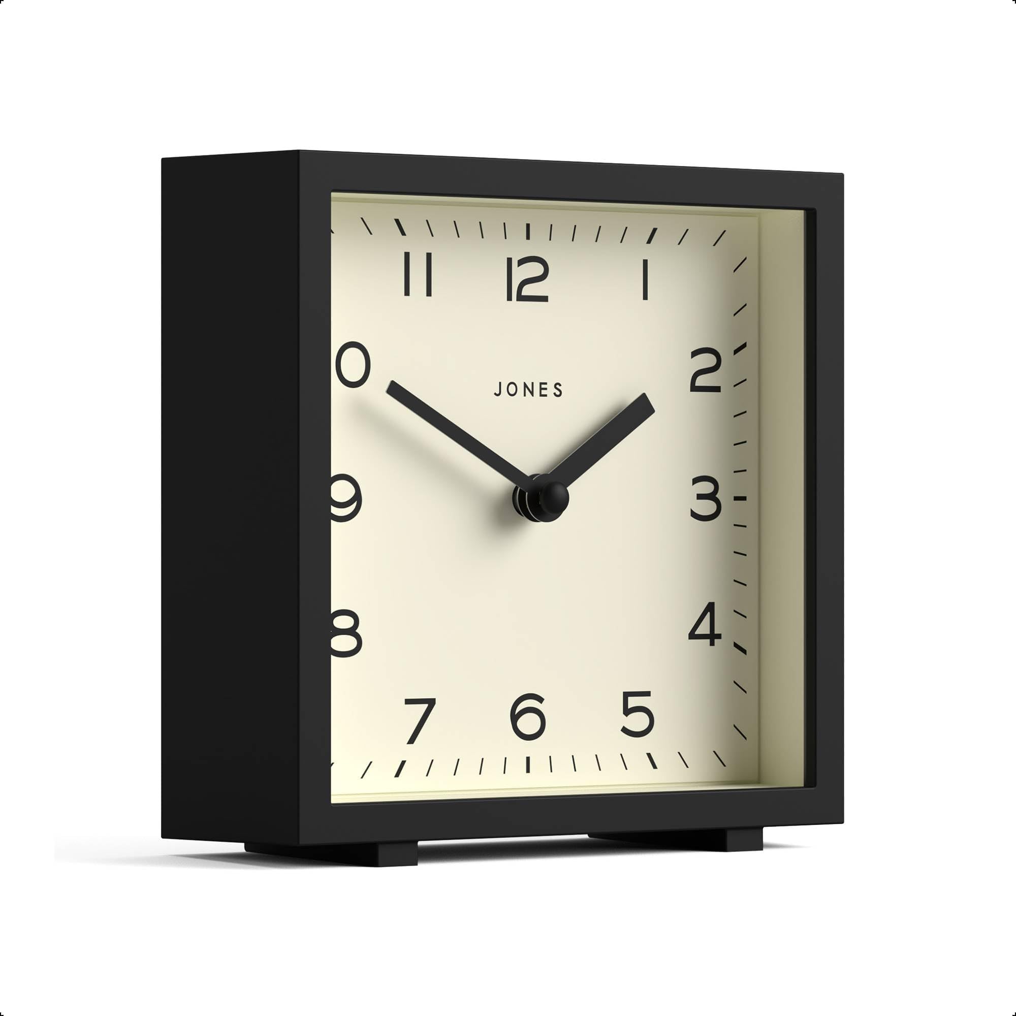 JONES CLOCKS® Disco Desk Clock | Sleek Square Design | Black | Stylish and Easy to Read for Shelf, Table, Mantel or Bedside