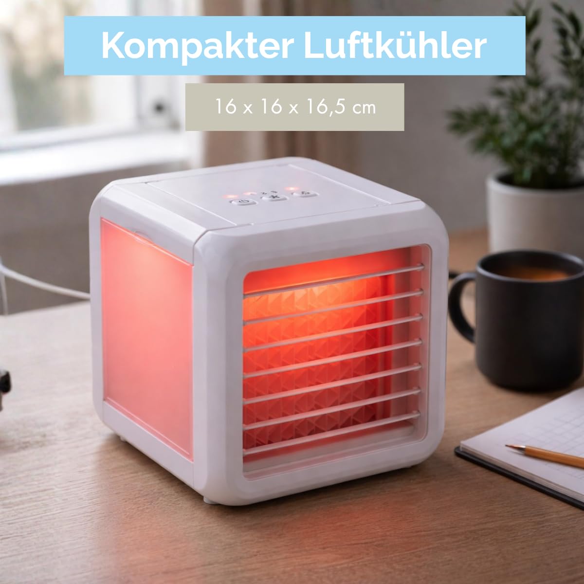 Mini Air Cooler - Mobile Klimaanlage ohne Abluftschlauch Ventilator mit Wasserkühlung - Luftbefeuchter Lüfter 3 Stufen mit 2 Kühlelementen - 16 x 16 x 16,5 cm