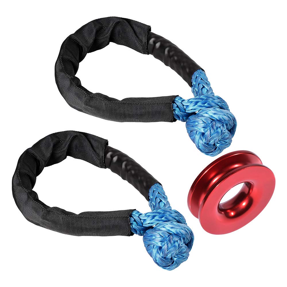Anzios 1xRed Recovery Ring 41,000 lbs + 2x3/8inchx1/2inch Blue Synthetic Soft Shackle Winch Ropes w/Protective Sleeve for Off-Road Recovery Marine Farming Industrial Mining,Blue Shackle + Red Ring
