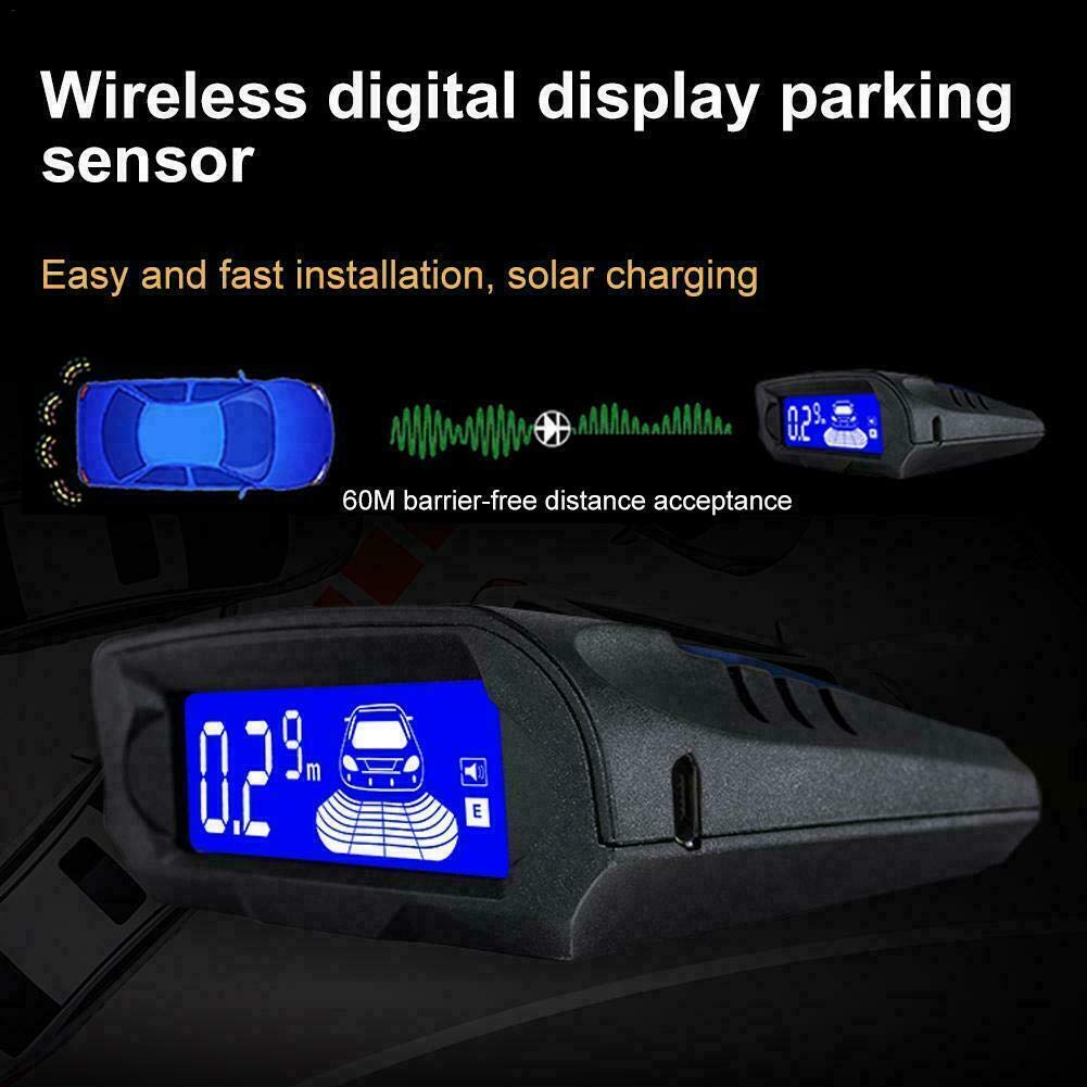 Riloer - Sensore di retromarcia, display LCD, sensore di parcheggio, kit 4 sonde, a energia solare, wireless, indicatore di parcheggio per invertire l'allarme radar