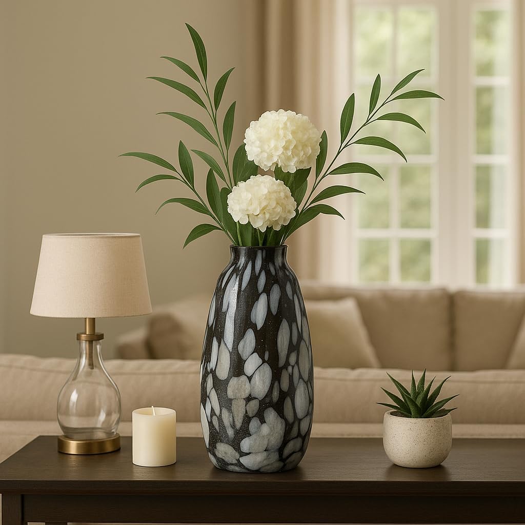 Contemporary Glass Vase with Abstract Pattern for Living Room Decor - Stylish Flower Vase Accent for Home, Bedroom, or Office - Decorative Table Centerpiece for House Decor - 20" Gray & Black