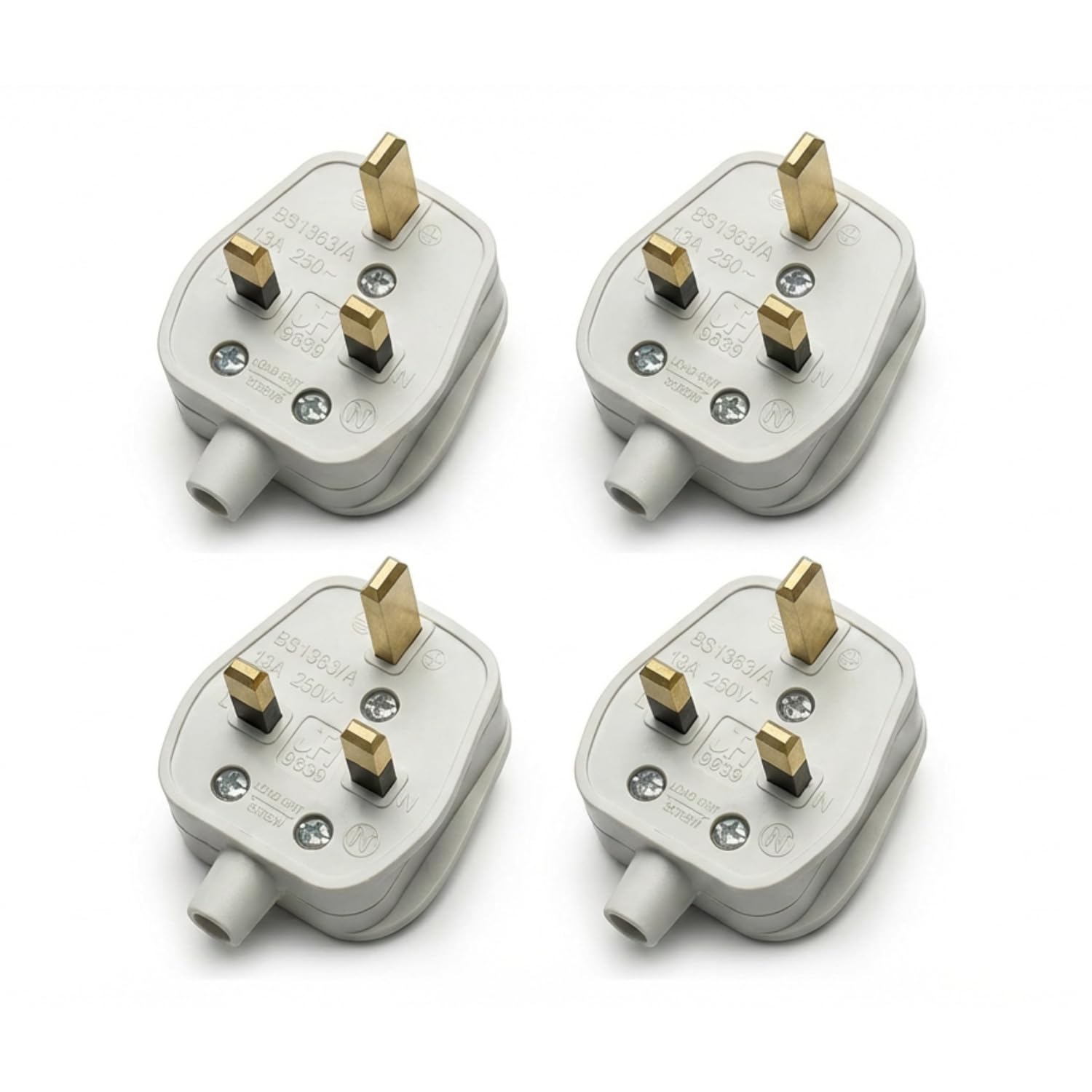 13 Amp UK 3-Pin Plug Rewireable Mains Power Plug with Solid Brass Pins, BS1363 Fused Replacement Electrical Plug with Secure Cord Grip for 250V Power Cable (White 4 Pcs)