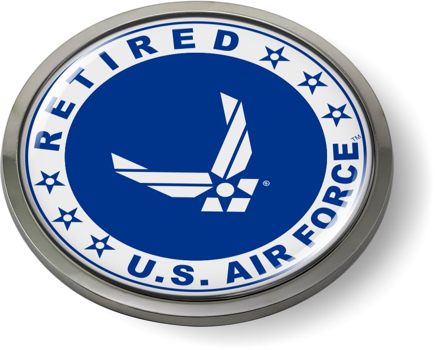 Image of BestLicensePlateFrames - U.S. Air Force Retired Logo with USAF White Arnold Wings and Star Symbol 3D Domed CAR Emblem Badge Sticker Chrome Plastic Bezel - Official USAF and USSF Licensed Product