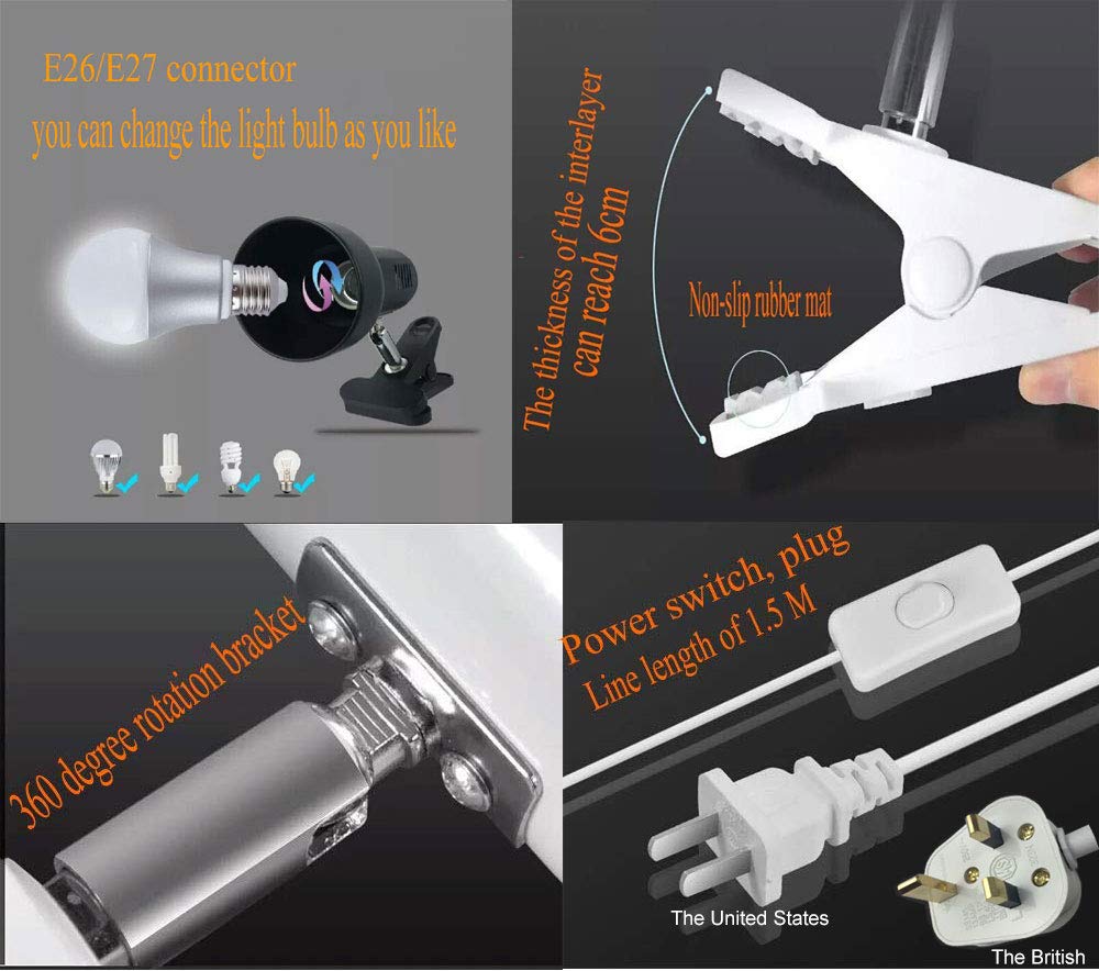 Lichtklemme, 360 ° drehbarer Clip Buchleuchte Tragbare Leselampe Clip in den Schreibtisch / Tisch / Doppelbett / Schrank Beleuchtung (Schreibtischlampe, zwei Farben zur Auswahl) (weiß)