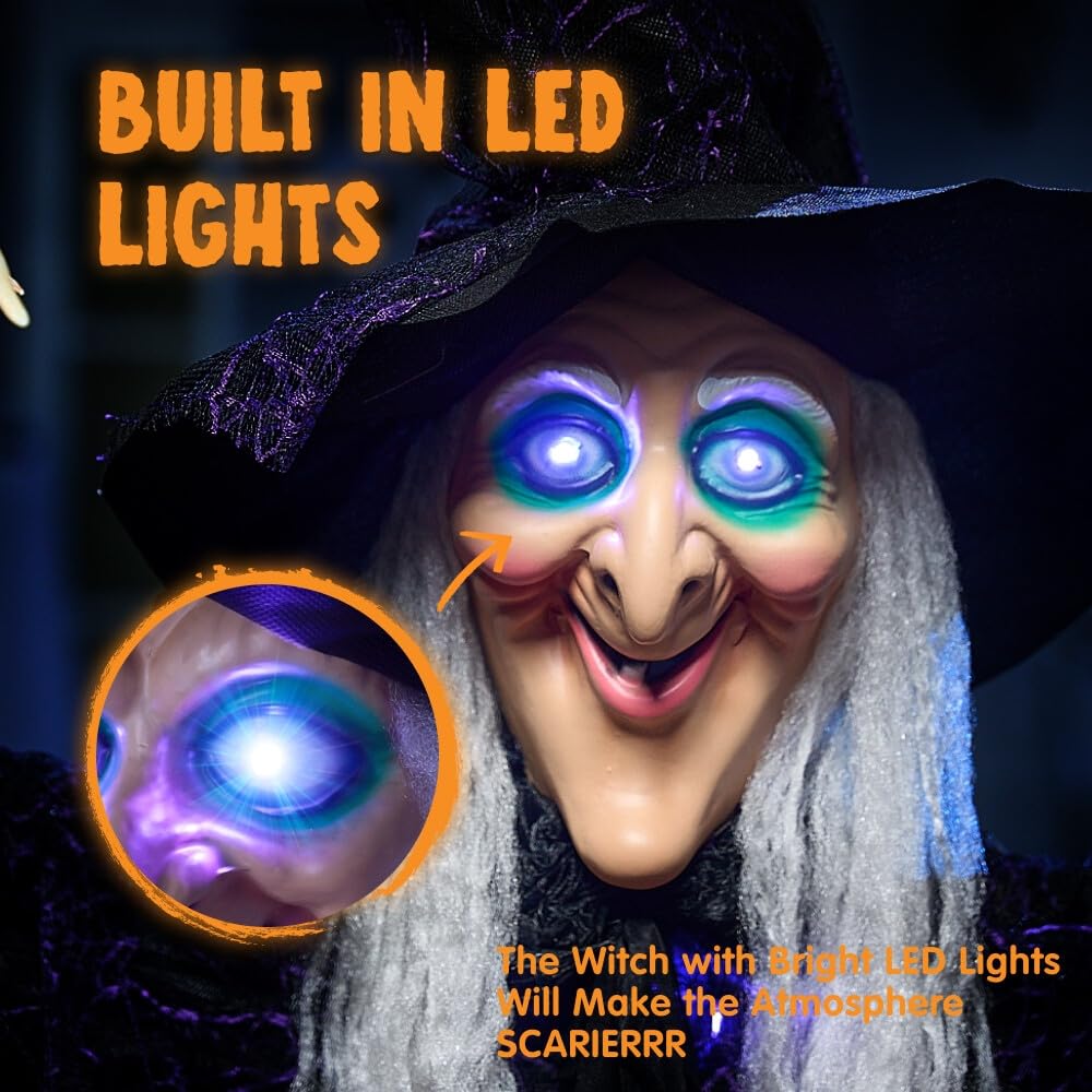 Decorazione da strega parlante animata da 182,9 cm con occhi luminosi e funzione di attivazione del suono, per decorazioni di Halloween per casa, decorazioni da appendere per esterni, interni e prati
