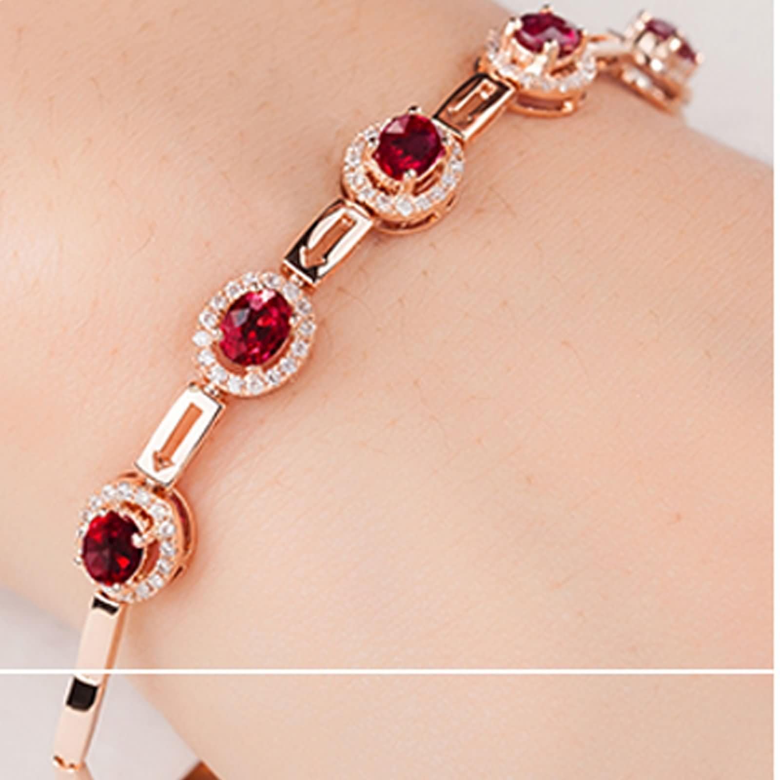 Pulsera para Mujer de Oro Rosa 9 Kilates / 14 Kilates / 18 Kilates, Oval con Rubí y Diamante, Cadena Extensible 16 CM + 5 CM, Pulseras de Oro Rosa de Mujer