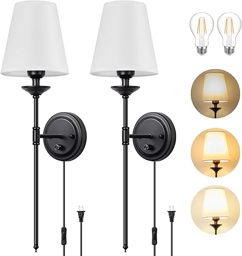 Miniatura 7 de Juego de 2 apliques de pared regulables enchufables, lámpara de pared dorada para mesita de noche con interruptor regulador de perilla y cable