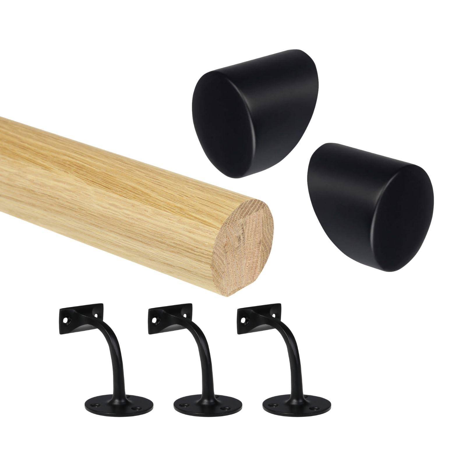 Oak Round Mopstick Handrail Kit with Wall Brackets & Forge End Caps – 1800–4200mm, Chrome/Black/Brushed Nickel/Antique Brass (Black, 2400mm)
