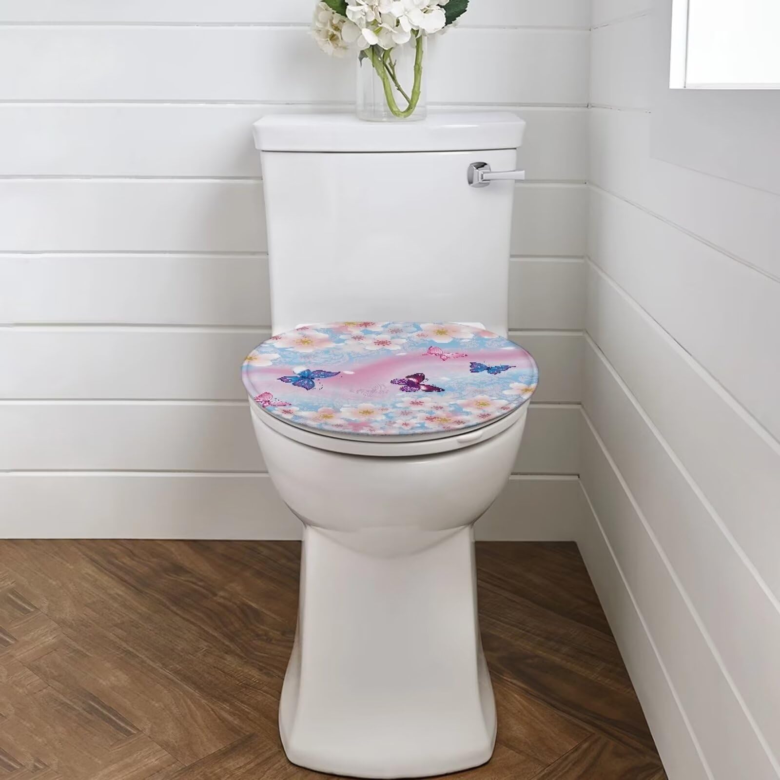 Viewamoon Butterfly Toilet Seat Cover Cherry Blossom Tie Dye Print Toilet Soft Absorbent Toilet Cover Seat Cute Women Bedroom Toilet Tank Cover Lightweight Comfortable Toilet Tank Dust Cover