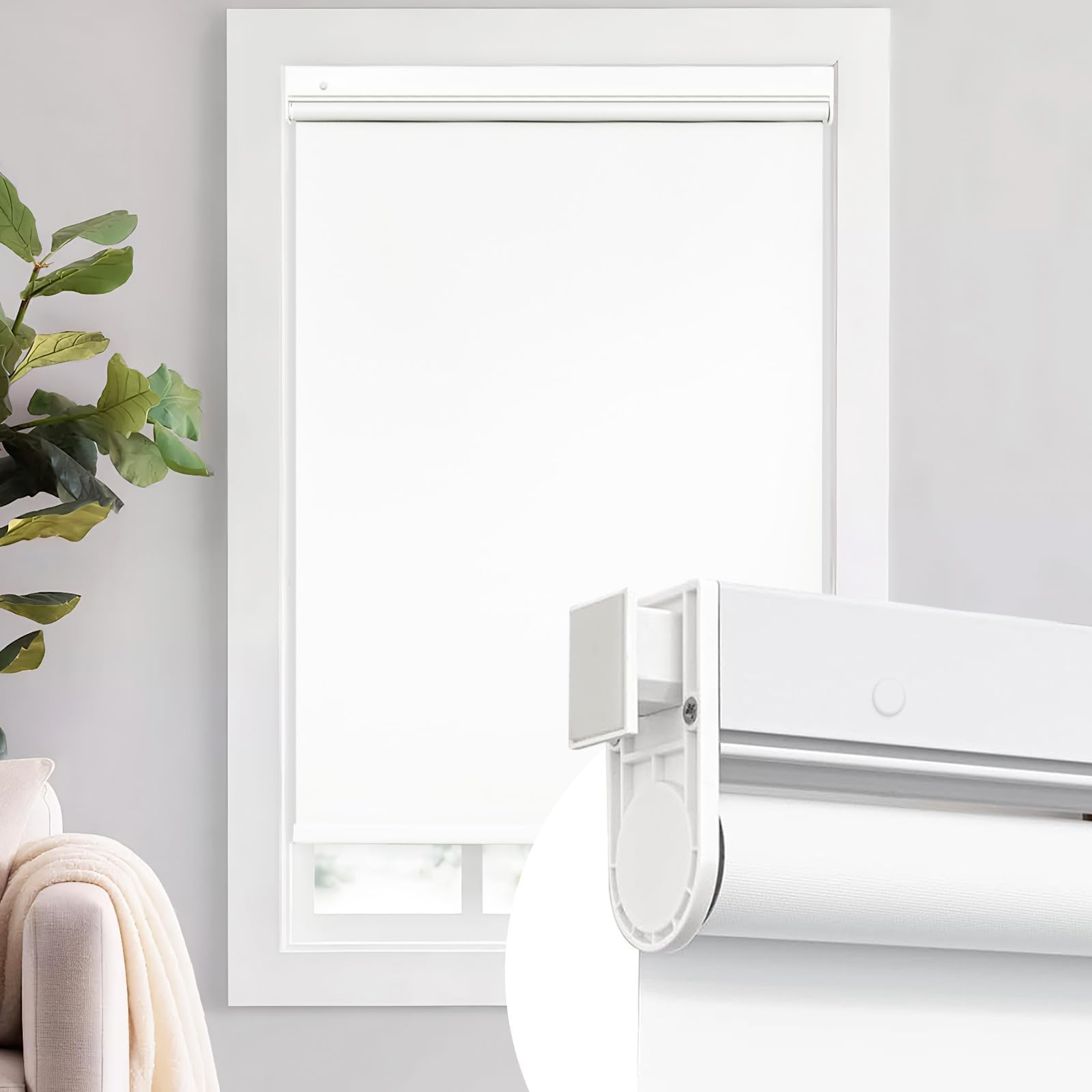 No Drill Roller Shades for Window, 100% Blackout Cordless Roller Blinds for Home Privacy Custom Window Shade Easy to Install Roll Up Blinds(Blackout White, 34'' W x 72'' H)