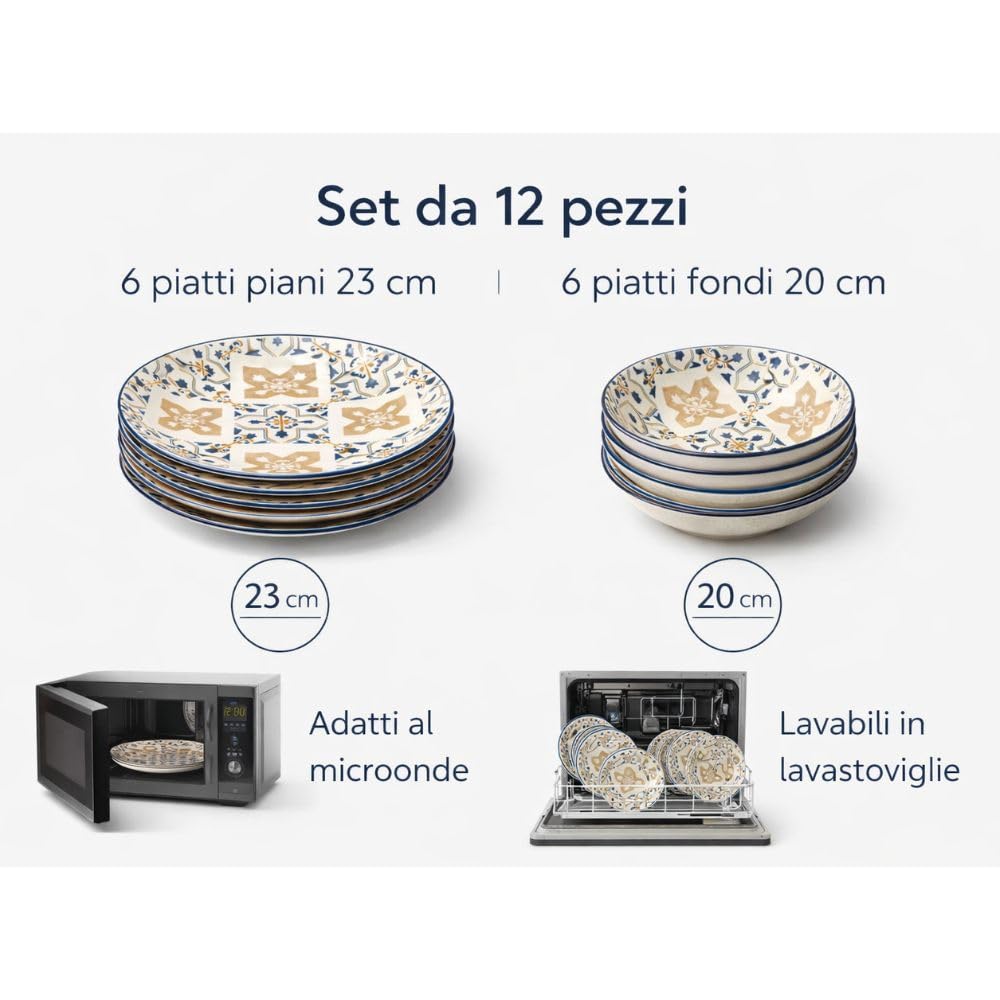 Servizio Piatti 12 Pezzi in Ceramica Cecaro Group – Fantasia Maiolica Blu – Set Tavola Design Elegante – Lavastoviglie e Microonde