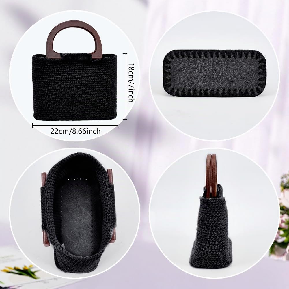 FREEBLOSS Kit all'uncinetto per principianti Borsa tote nera all'uncinetto con manici in legno Borsa nera all'uncinetto Kit di avviamento all'uncinetto con tutorial video passo passo Kit per lavoro a