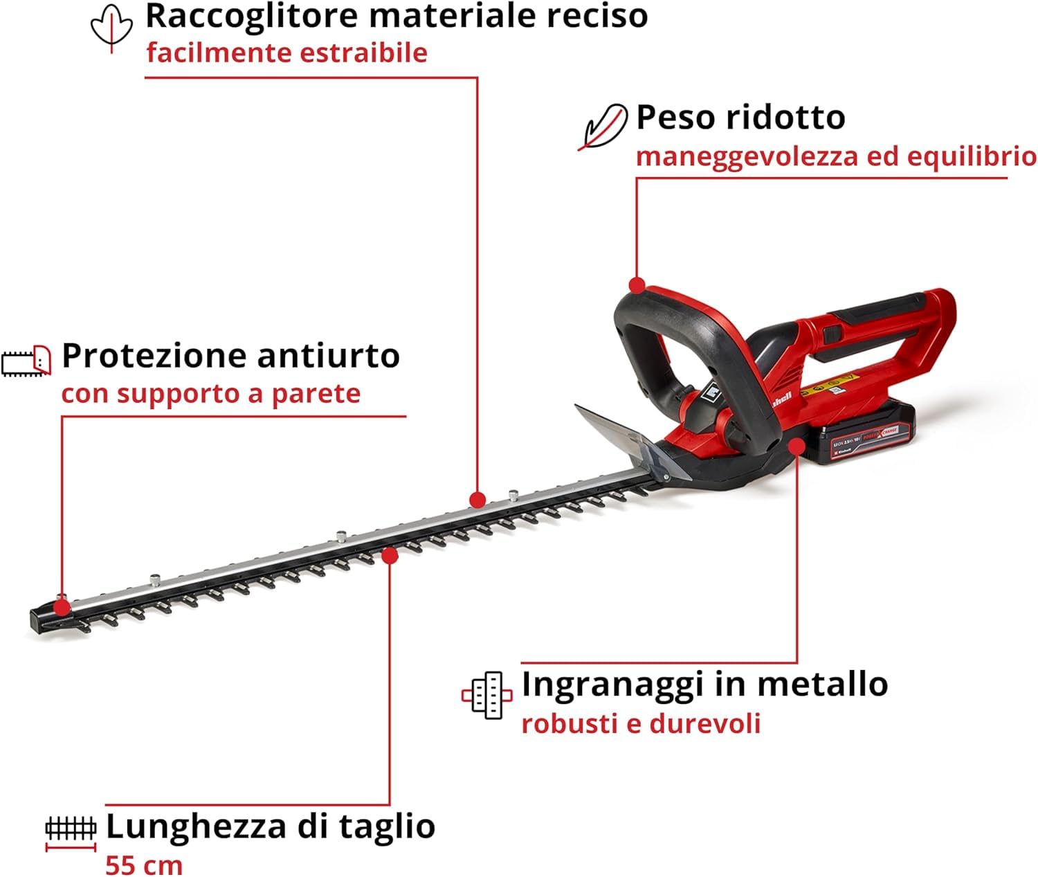 Einhell Tagliasiepi a batteria GC-CH 1855/1 Li Kit Power X-Change (18 V, 55 cm lunghezza di taglio, 18 mm distanza tra i denti, maniglia girevole, incl. 2,5 Ah batteria e caricabatteria)