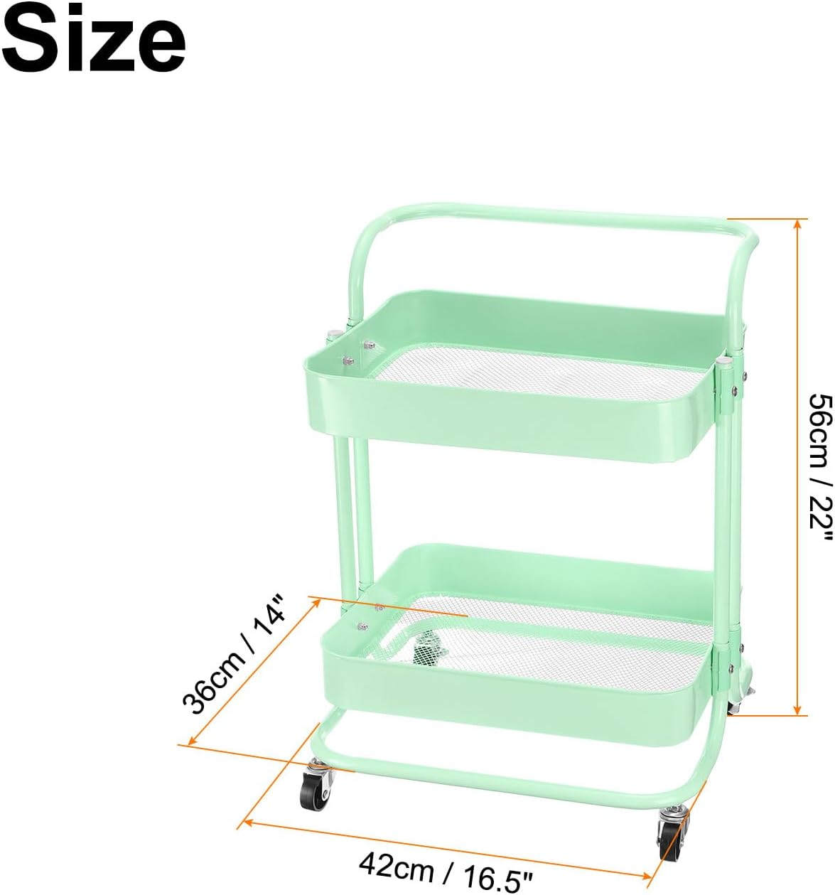 Uxcell 2 Tier Rolling Storage Cart With Handle and Lockable Wheels for Kitchen, Living Room - Green Trolley Organizer
