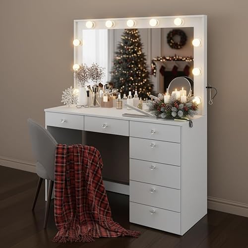Boahaus Diana White Vanity with Mirror and 11 Lights, 7 Drawers, Crystal Knobs, USB-C + USB-A Ports, 110V Power Outlet, Glass Top, and Jewelry Organizer (White-1)