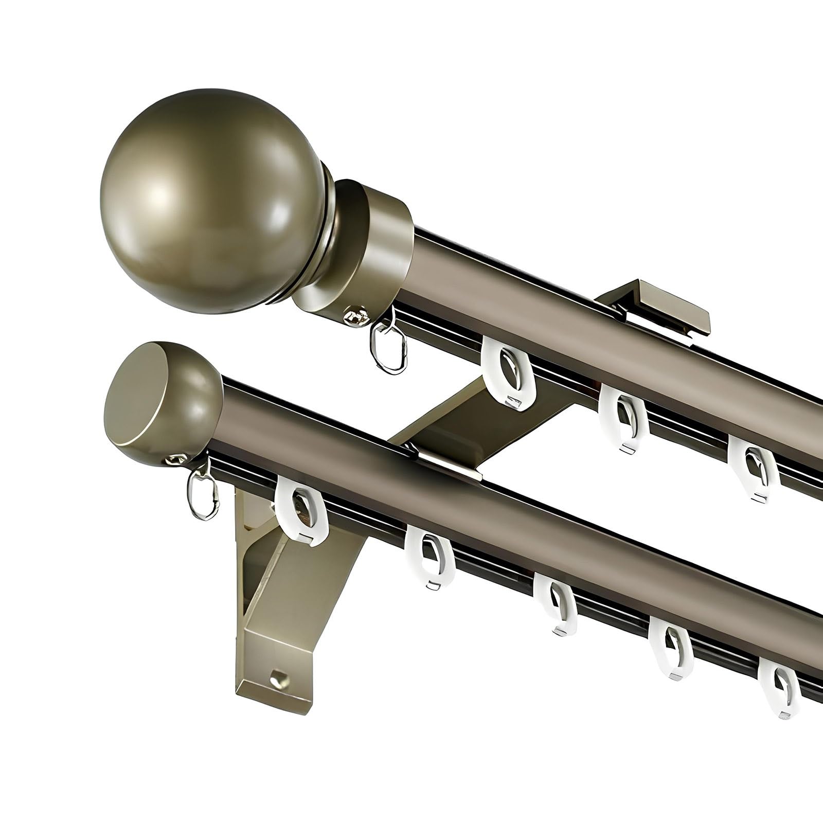 GLDYTVF Double Main Track Rods 70600cm Adjustable Aluminum Heavy Duty Curtain Rail Set with Metal Finials for Living Room Bedroom Kitchen (Champagne 320cm/10.5ft)