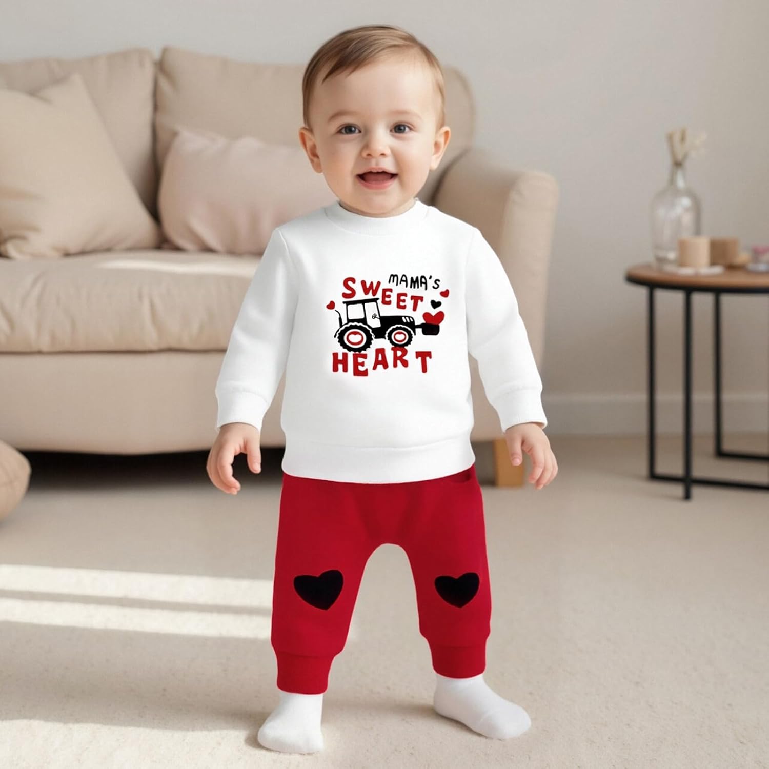 Valentines Baby Boy Outfit Infant Toddler Boys Tractor Heart Sweatshirt Top Pants Valentine Day Clothes Set - Image 5