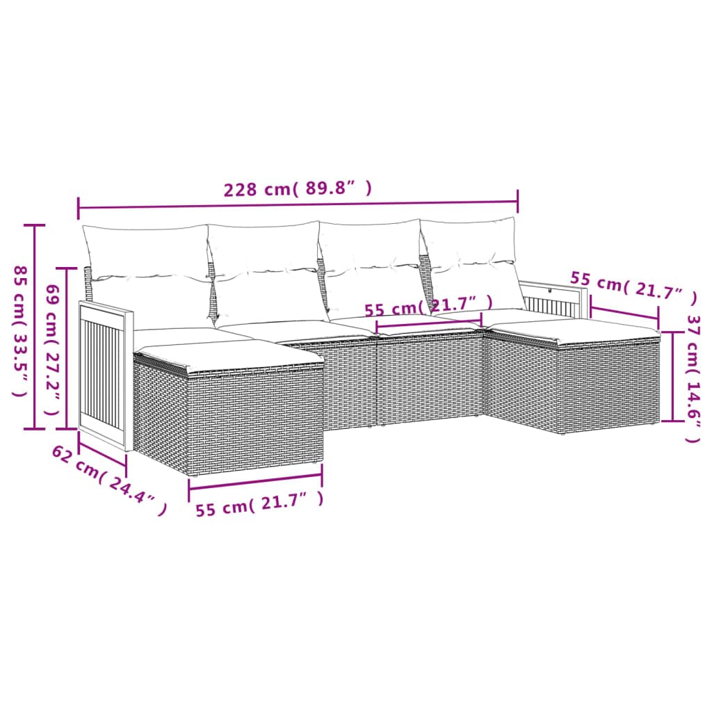 6-częściowy zestaw mebli ogrodowych, polirattan, szary, z poduszkami, granatowy, modułowy, odporny na promieniowanie UV, udźwig 110 kg, na taras, balkon, do ogrodu