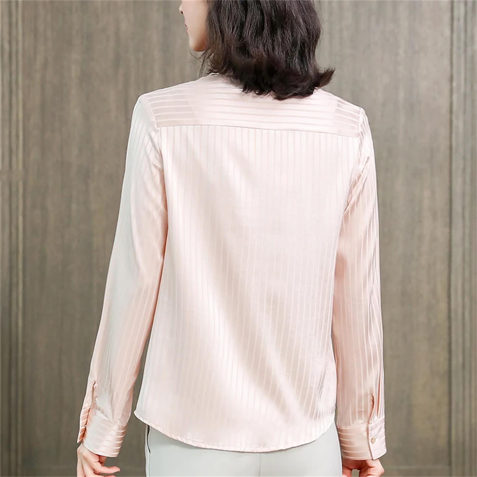 Blusa básica de satén de seda para mujer, cuello vuelto, manga larga, blusa a rayas