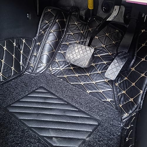Image of CAPEDELL Premium 7D Car Floor Mats Compatible for Virtus||Luxury Leather Double Layered Mat||Set of 3Pcs||Waterproof and Washable||Color :-Black with Golden(Black Grass)