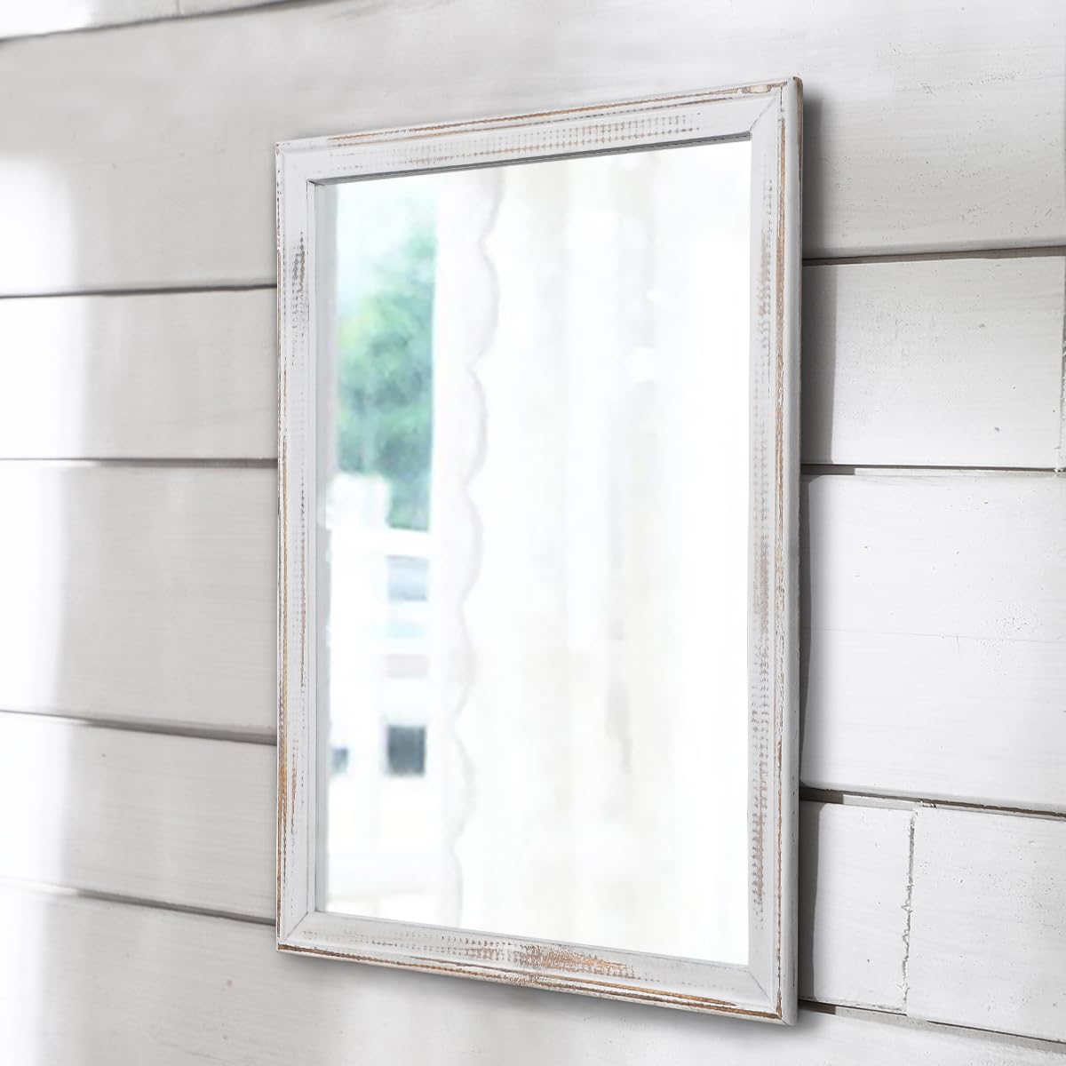 Aazzkang Rustic White Wall Mirror Large Rustic Wood Framed Mirror 65X45cm Rectangle Decorative Farmhouse Bedroom Bathroom Vanity Mirrors Wall Decor White