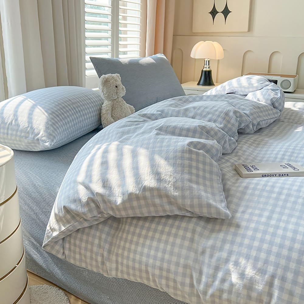 biancheria da letto, 220 x 240, in microfibra, motivo geometrico a quadri, stile country, con fantasia a quadretti, rinforzata, in microfibra lavata, copripiumino e 2 federe per cuscini da