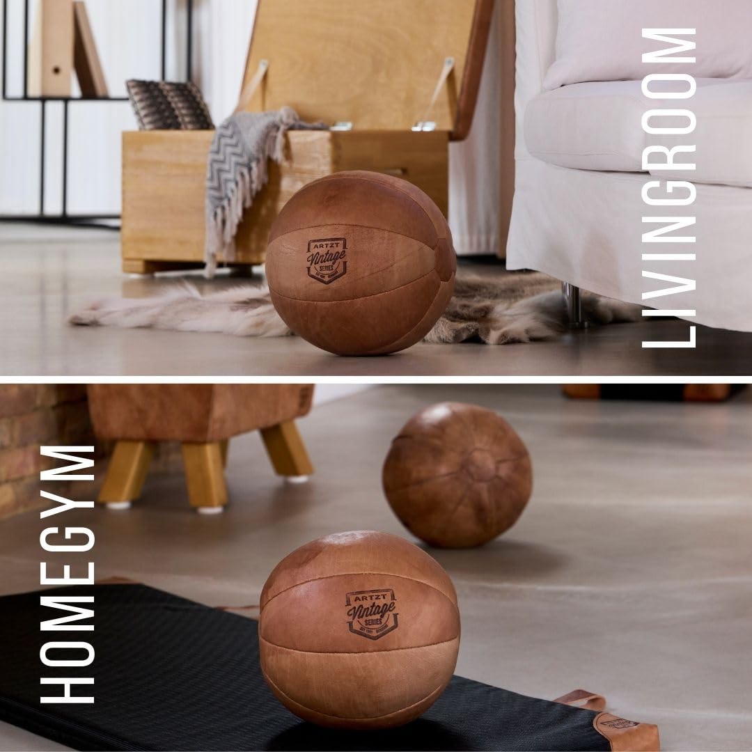 ARTZT Vintage Series Medizinball | Handveredeltes Rindsleder | Einzigartiges Design | Made in Germany | Robust & Langlebig | Ideal für Wohnzimmer & Trainingsraum (4 KG)