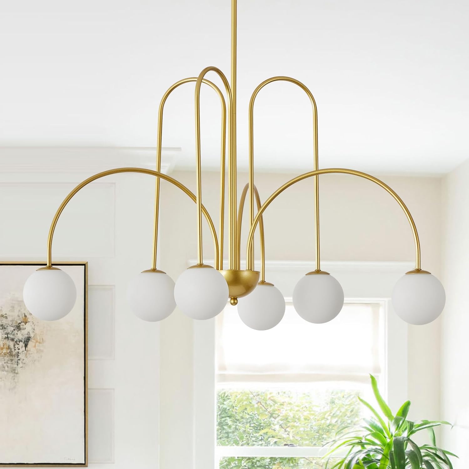 30" Mid Century Arch Chandelier, Large Modern Pendant Light Fixtures with Milk Glass Globe Shades Antique Brass Brush Paint Finish for Dining Room, Kitchen Island, Foyer, Living Room 6-Light