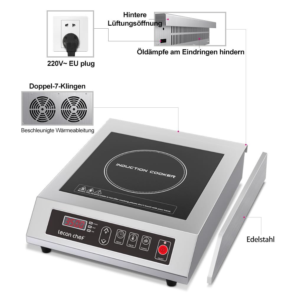 Induktionskochfled, 3500W Kochplatten, Edelstahlgehäuse | Timer und Voreinstellung, 10 Temperatur- und Leistungsstufeneinstellungen, 60KG Große Tragfähigkeit