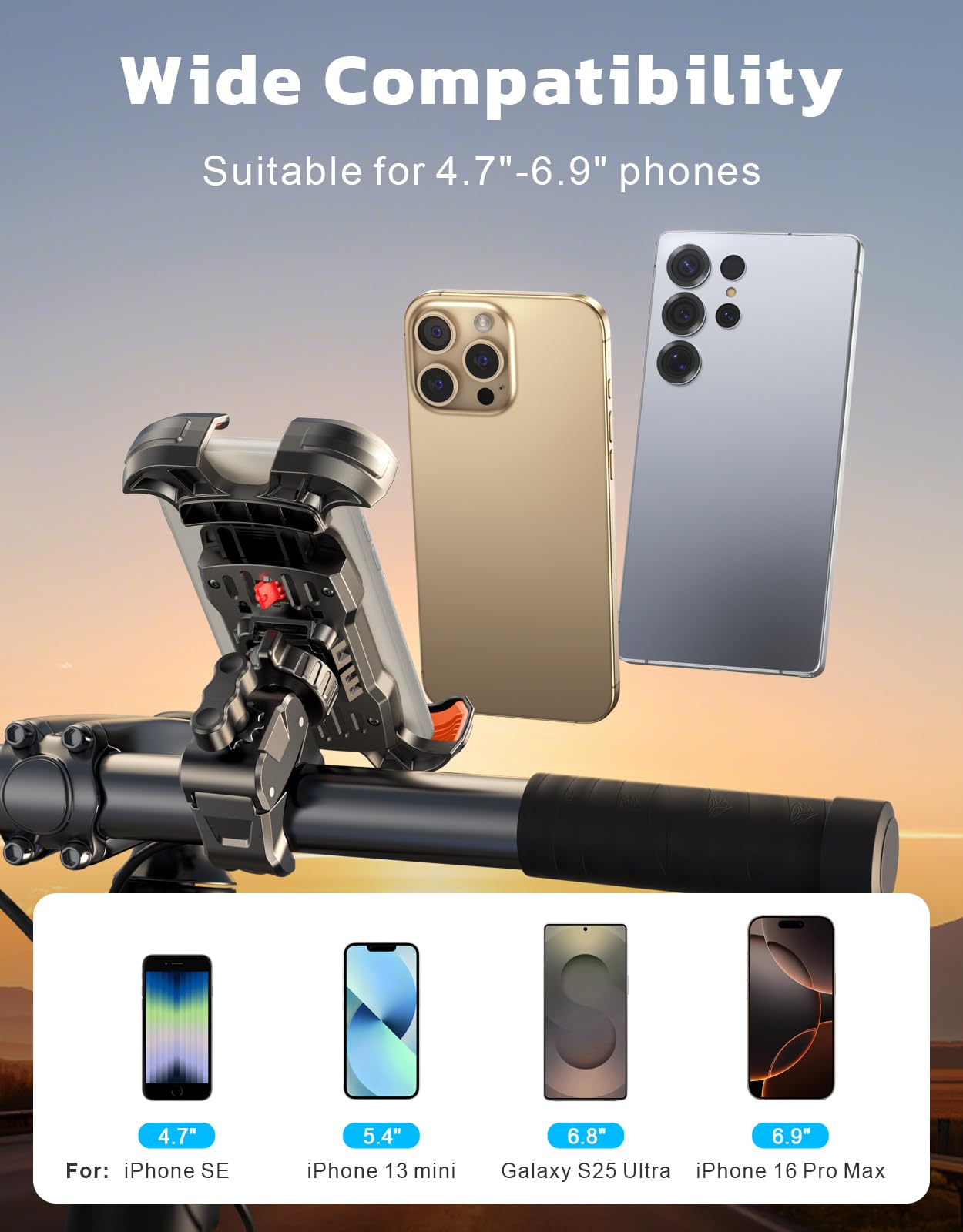 Uchwyt na telefon rowerowy, bezpieczny zamek i szybkie zapięcie, uchwyt na telefon motocyklowy, regulowany 360°, do smartfona 11.9 cm-17.5 cm, uniwersalny uchwyt na kierownicę do roweru/MTB