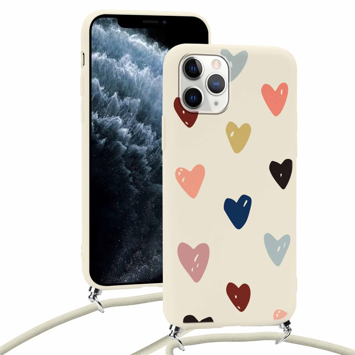 Yoedge Cover per iPhone 12 / iPhone 12 Pro con cordino per collana da 6,1 pollici, sottile morbido silicone TPU custodia con design a forma di cuore, antiurto, con cordino regolabile