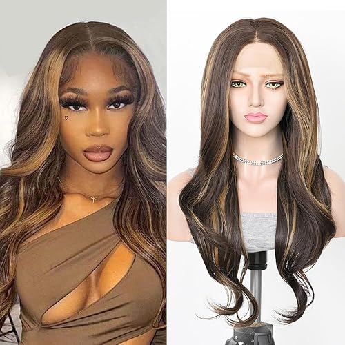 ELESTY Brown Mixed Blonde Syntheic Lace Front Wigs Highlight Ombre Blonde Hair Synthetic Wigs Middle Part Heat Resistant Fiber Hair Lace Wigs Daily Party Use