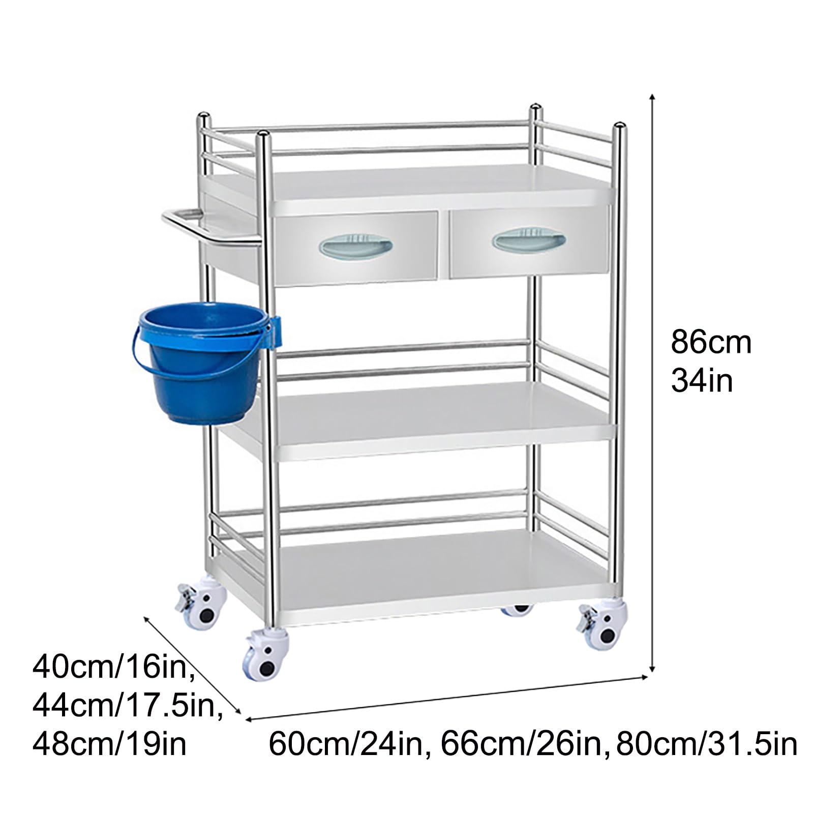Acciaio inox Carrello, Carrello medico, carrello per laboratorio odontoiatrico con ruote commerciali con ruote silenziose a 360° e un cassetto, carrello con maniglia, per laboratorio, ospedale ( Size