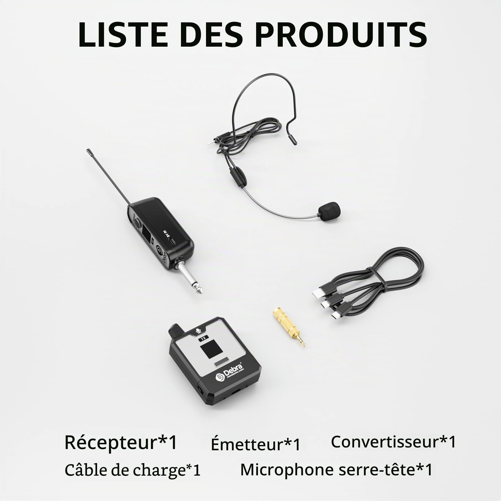 D Debra DT-01 Micro sans Fil UHF avec Récepteur – Set Micro Casque Professionnel Rechargeable, Plug & Play, 30 Canaux, Portée 50m, pour Karaoké, Conférence, Église, Sport