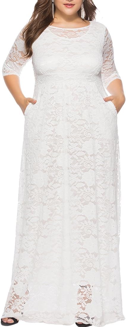- Women's Floral Lace 2/3 Sleeves Maxi Dress Plus Size Evening Party Dresses