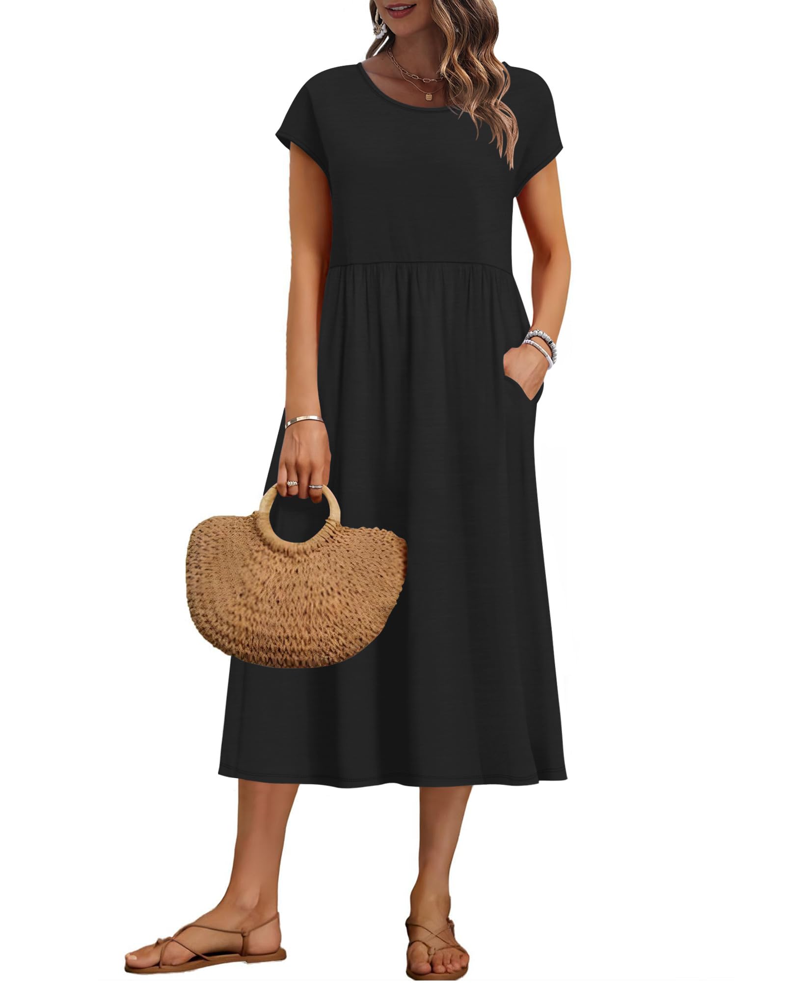 AUSELILY Women's Summer Short Sleeve Knee Length Dresses Basic Shift Midi Dress with Pockets, Black S