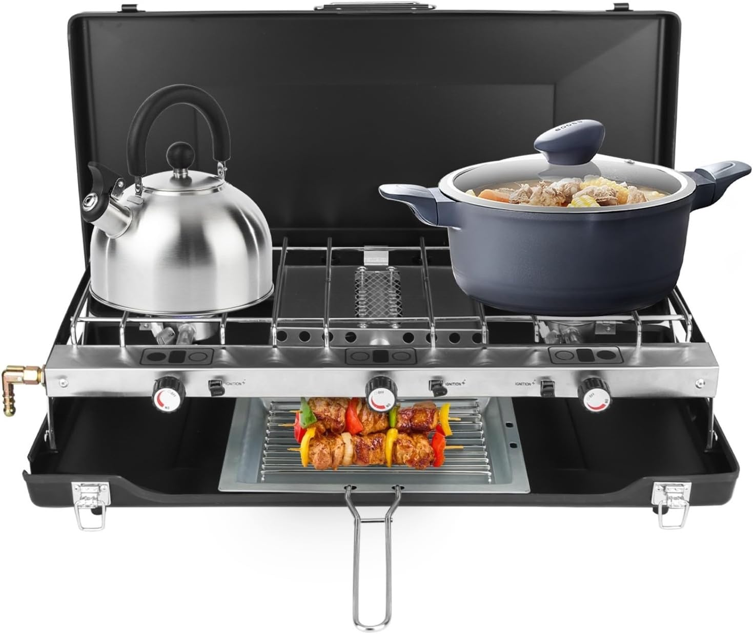 3-burner propane camping stove, portable camping grill with windproof board and adjustable instant ignition, built-in handle, used for camping, outdoor gathering barbecue, picnic (black 20500BTU)