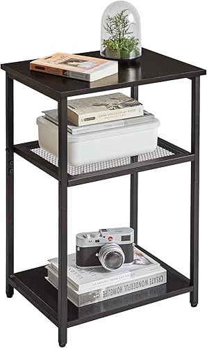 IBUYKE Mesa auxiliar, mesa auxiliar de 3 niveles, mesita de noche industrial pequeña con estante de almacenamiento, para dormitorio, sala de estar,