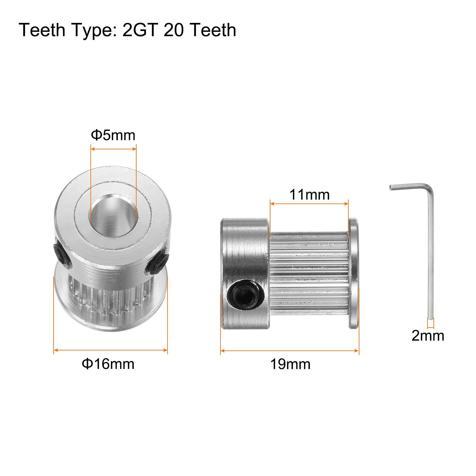 sourcing map 5 szt. 2GT koło pasowe 20 zębów 5 mm otwór 16 mm aluminiowy pasek rozrządu tarcza z 2 mm sześciokątnym kluczem nasadowym do paska o szerokości 10 mm do drukarki 3D CNC akcesoria czarne